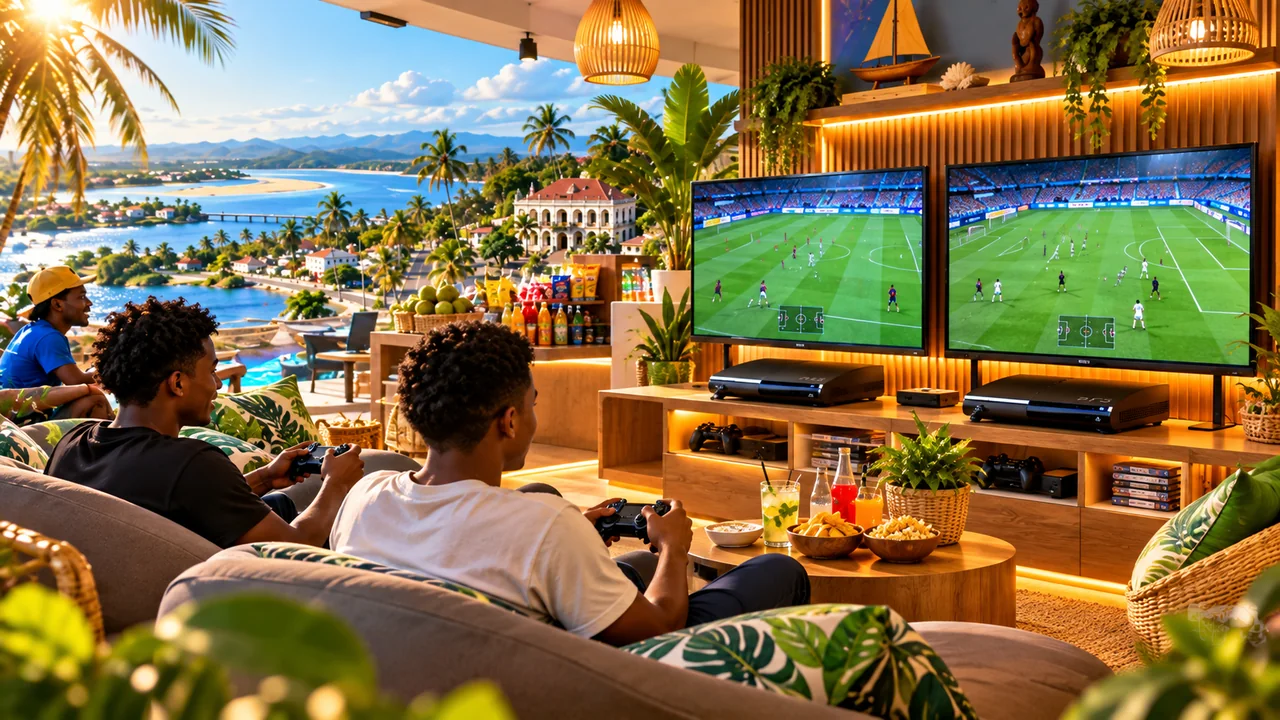 Espace gaming avec deux consoles PS3 et vue tropicale inspirée de Farafangana